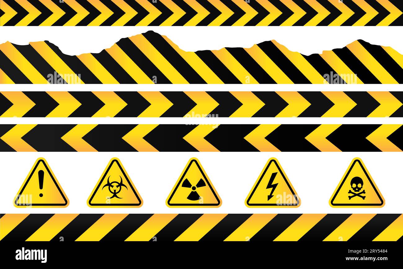 set of warning label,warning tape and danger sign symbol vector ...