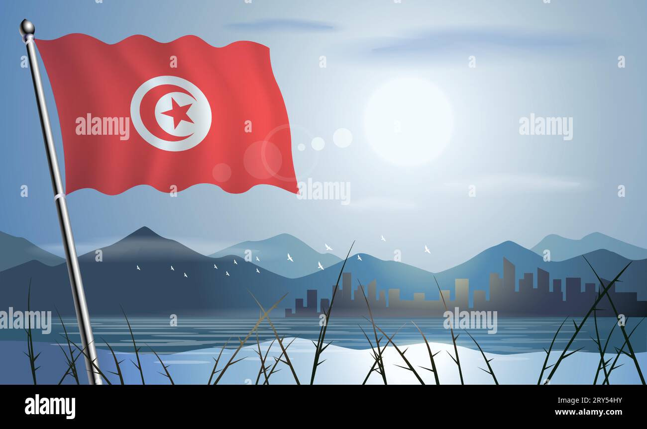 Tunisia flag with sun background of mountains and lakes Stock Vector