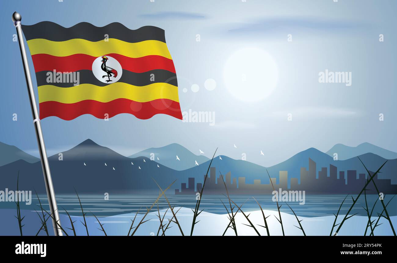 Uganda flag with sun background of mountains and lakes Stock Vector