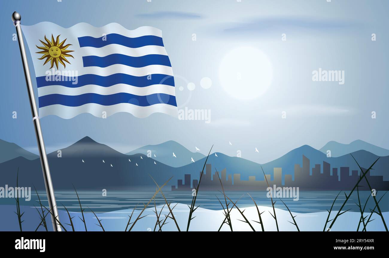 Uruguay flag with sun background of mountains and lakes Stock Vector