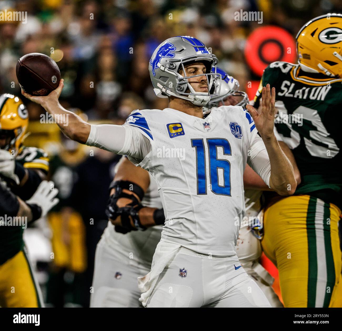 Green Bay, United States. 28th Sep, 2023. Detroit Lions quarterback Jared Goff throws a pass against the Green Bay Packers during their NFL game at Lambeau Field in Green Bay, Wisconsin on Thursday, September 28, 2023. Photo by Tannen Maury/UPI Credit: UPI/Alamy Live News Stock Photo