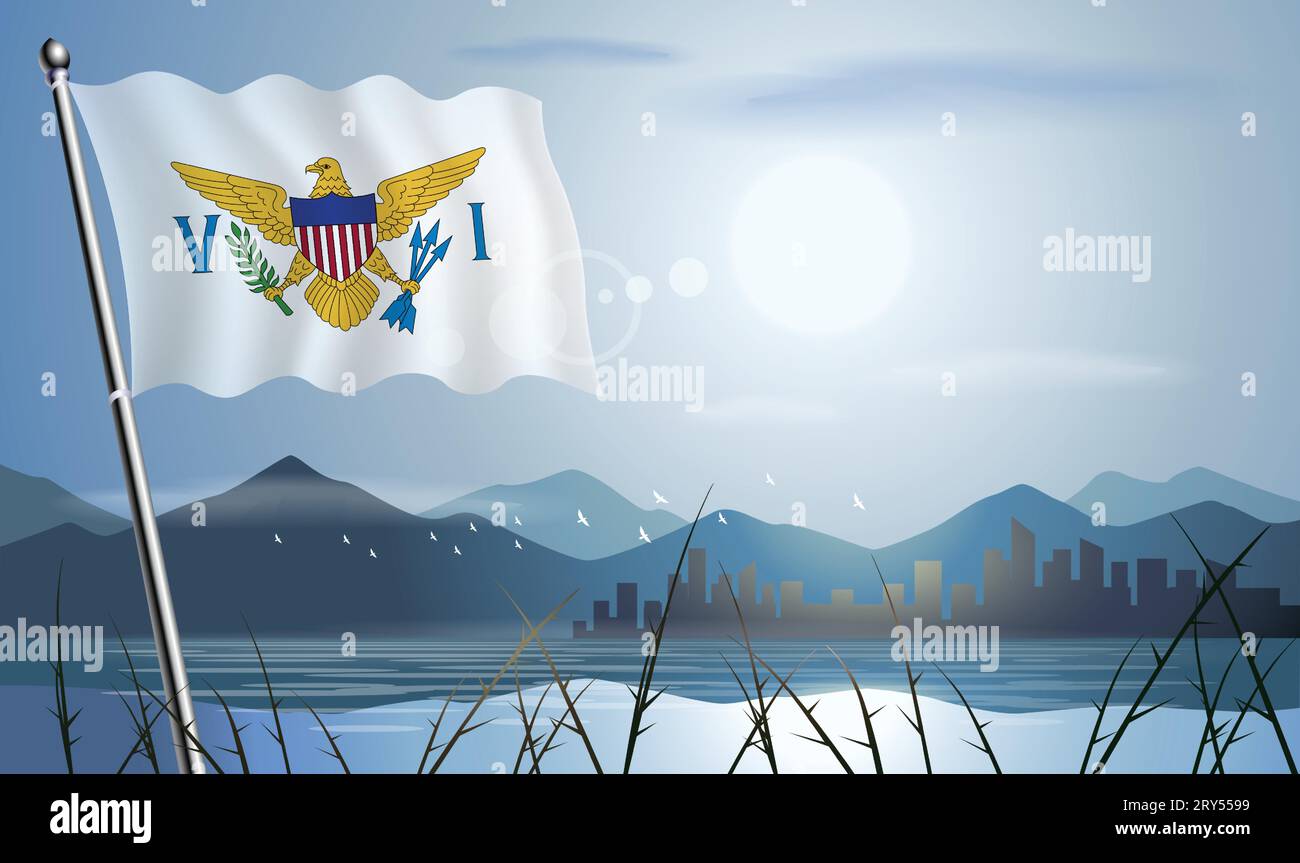 Us Virgin Islands flag with sun background of mountains and lakes Stock Vector