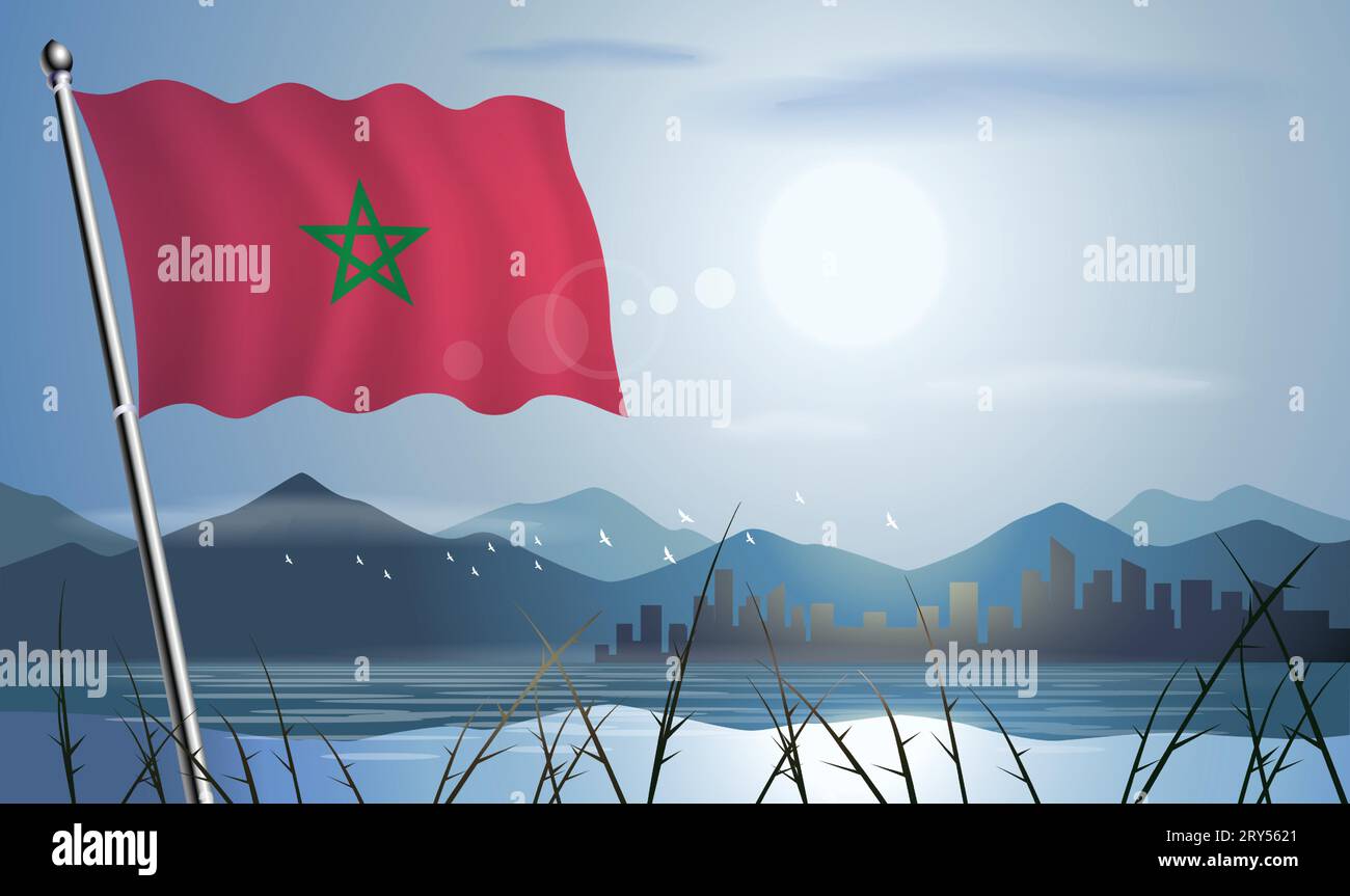 Morocco flag with sun background of mountains and lakes Stock Vector