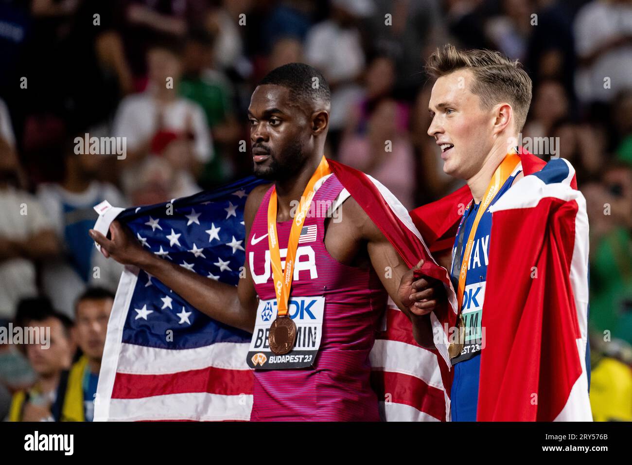Rai Benjamin of, USA. , . and Karsten Warholm of Norway celebrate after