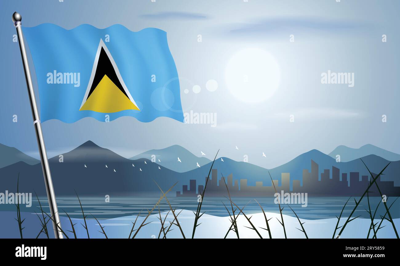 ST. Lucia flag with sun background of mountains and lakes Stock Vector