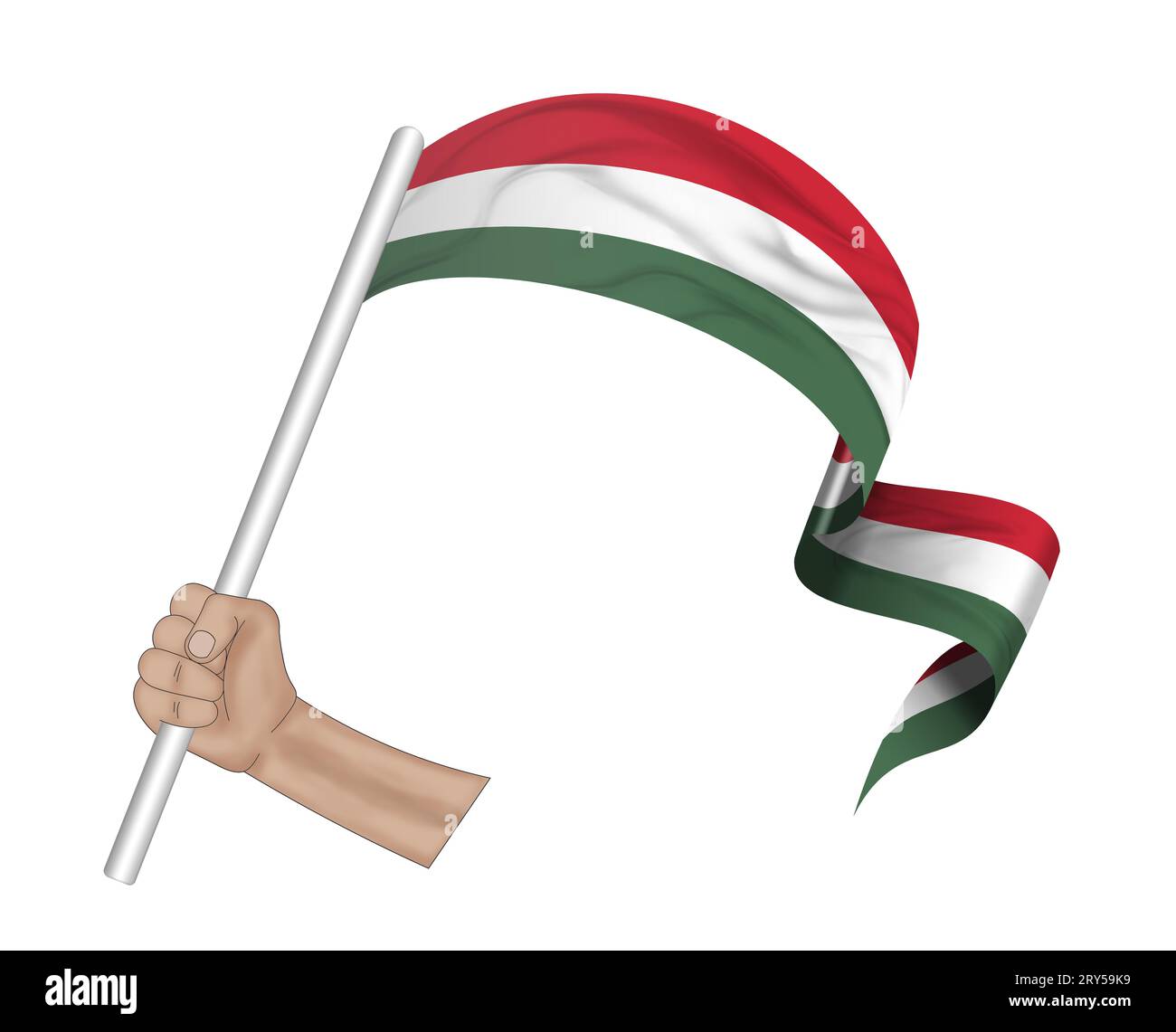 3D illustration. Hand holding flag of Hungary on a fabric ribbon background. Stock Photo