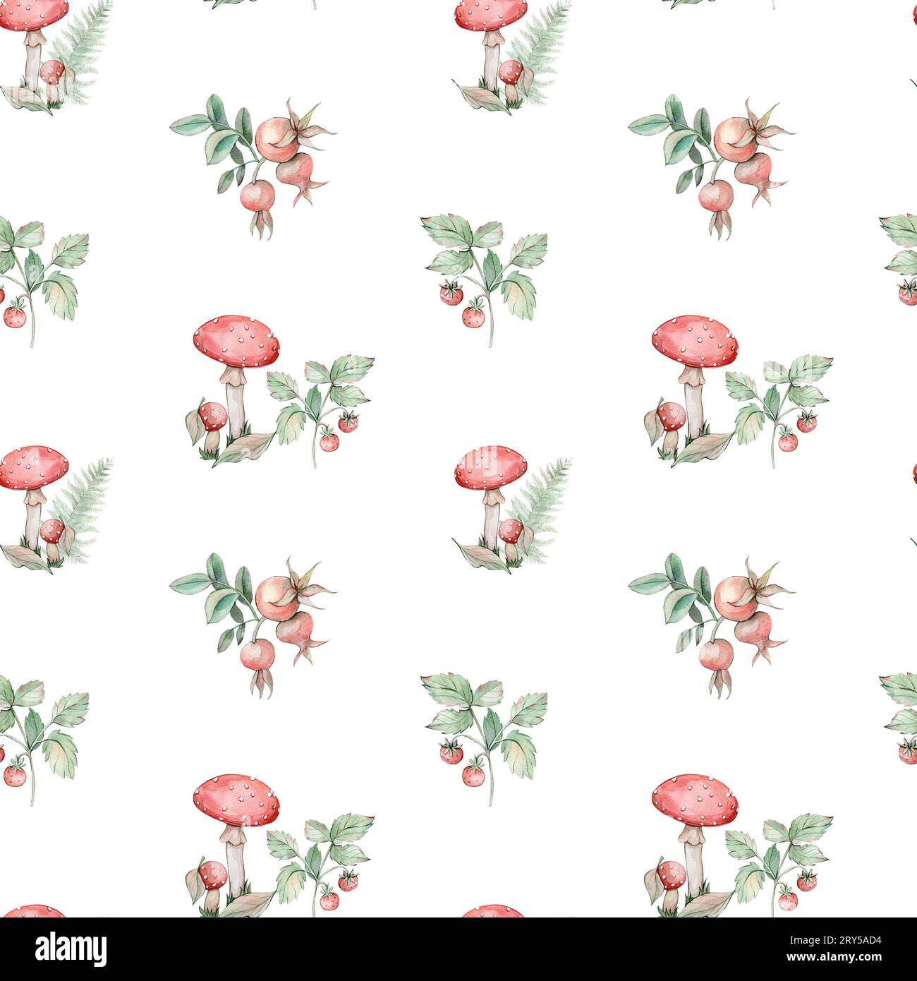 Watercolor seamless pattern with mushrooms, fern and birds Stock Photo ...