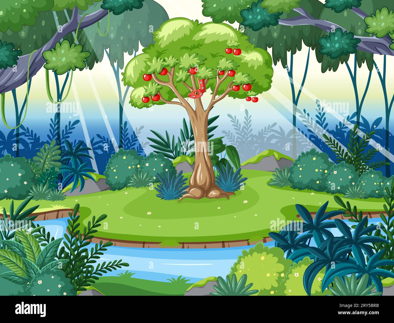 A vibrant jungle scene with a river, lush trees, and a snake on an apple  tree Stock Vector Image & Art - Alamy