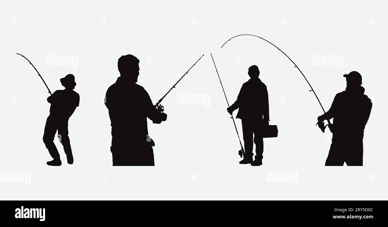 Dawn Harmony: Majestic Fishermen Casting Silhouettes Across the Horizon Stock Vector