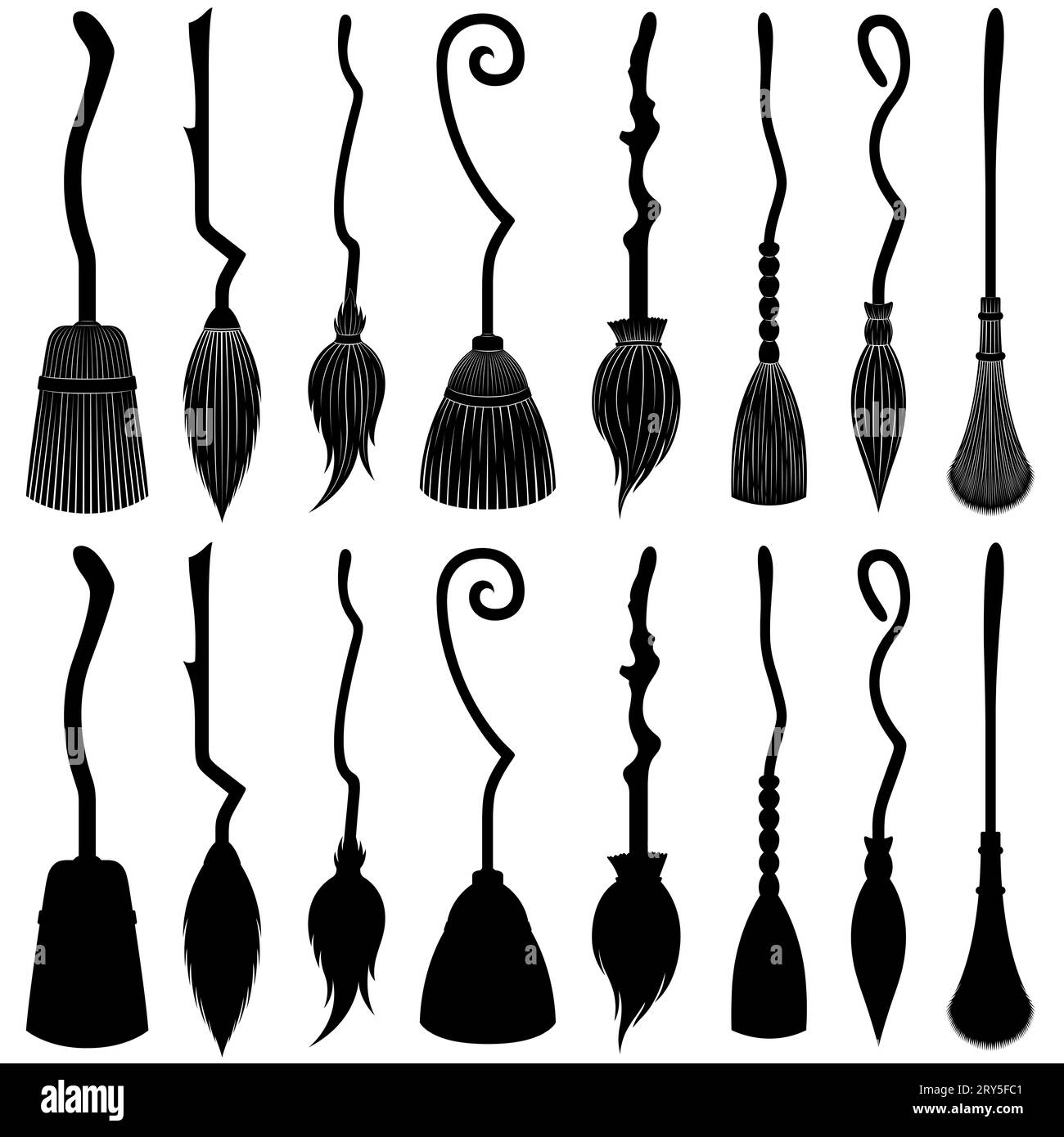 Collection of different witch brooms isolated on white Stock Photo