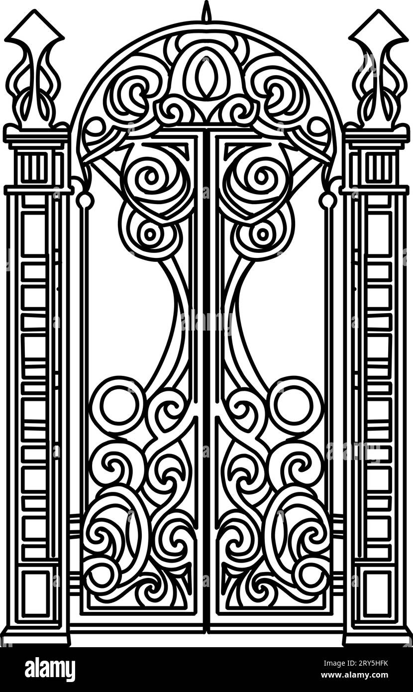 ANTIQUE METAL GATE. Black on white sketch of wrought iron bi-fold garden doors. Church gate with scrolls and leaves. Stock Vector
