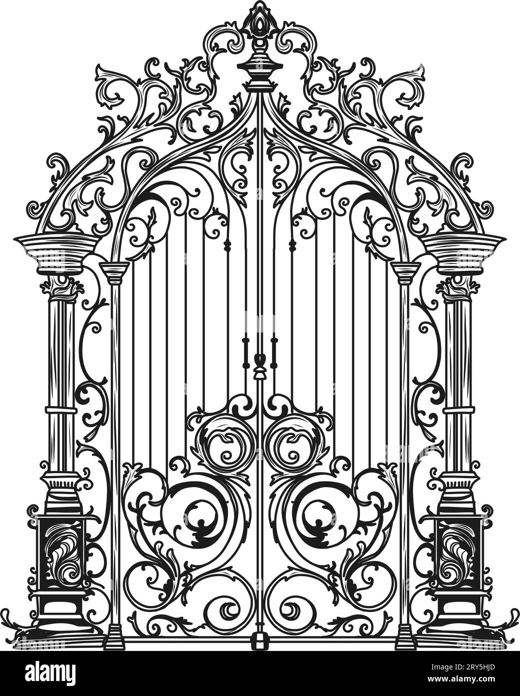 ANTIQUE METAL GATE. Black on white sketch of wrought iron bi-fold garden doors. Church gate with scrolls and leaves. Stock Vector