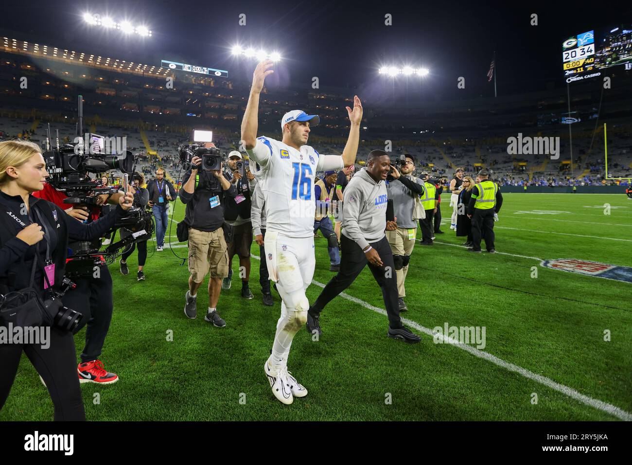 Green Bay, Wisconsin, USA. 28th Sep, 2023. Detroit Lions quarterback Jared Goff (16) celebrates with fans after the NFL football game between the Detroit Lions and the Green Bay Packers at Lambeau Field in Green Bay, Wisconsin. Darren Lee/CSM/Alamy Live News Stock Photo