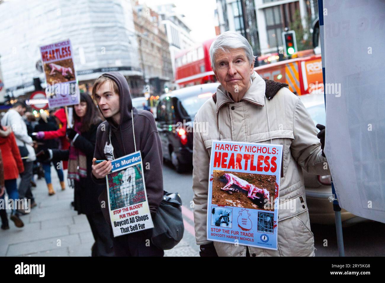 Animal rights anti fur protest outside Harvey Nichols London November 30th 2013 - old man wearing Heartless Harvey Nichols sign Stock Photo