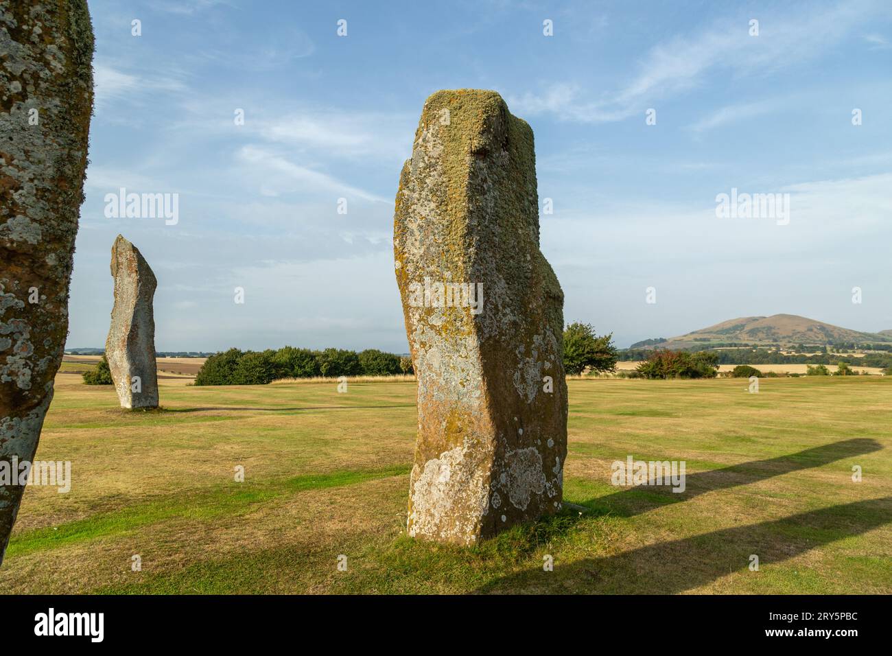 The impressive standing stones of Lundin Links which stand in the middle of a golf course, Fife Scotland. Stock Photo