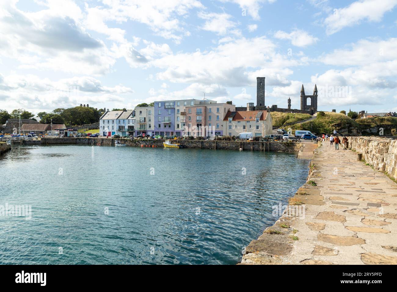 St Andrews harbour at high tide with St Rule's Tower and St Andrews