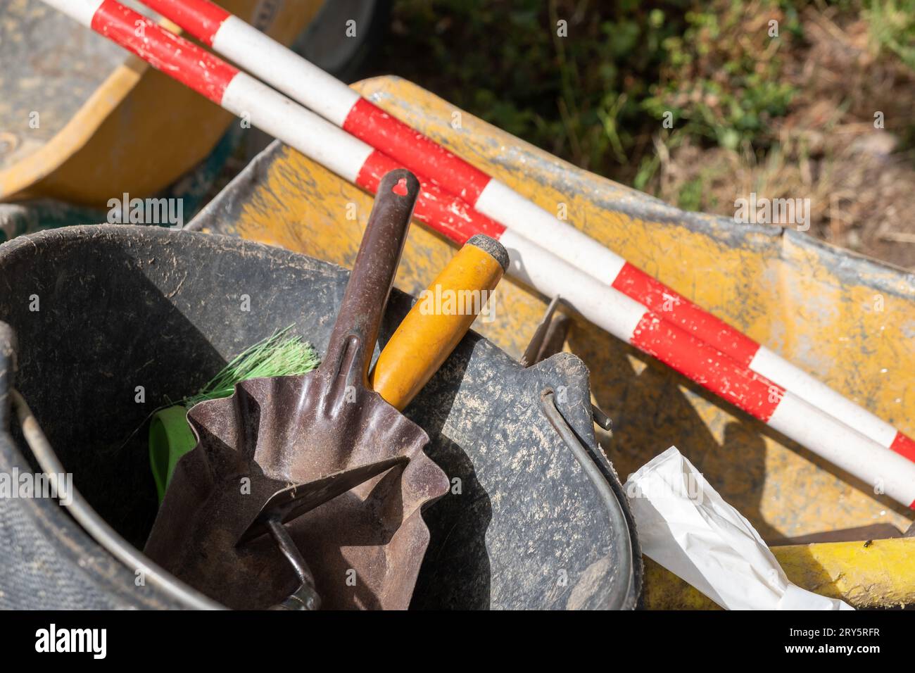 tools for archaeological work. hand shovel, trowel, broom, puller
