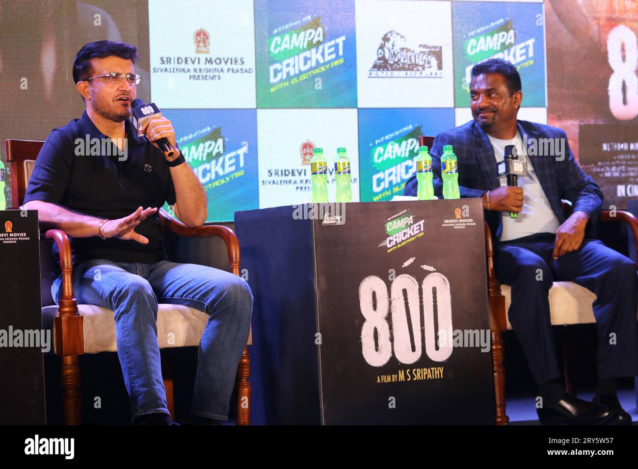 Non Exclusive: September 28, 2023, Kolkata City,India: India's former cricket captain Sourav Ganguly and Sri Lanka's former cricket player Muttiah Mur Stock Photo