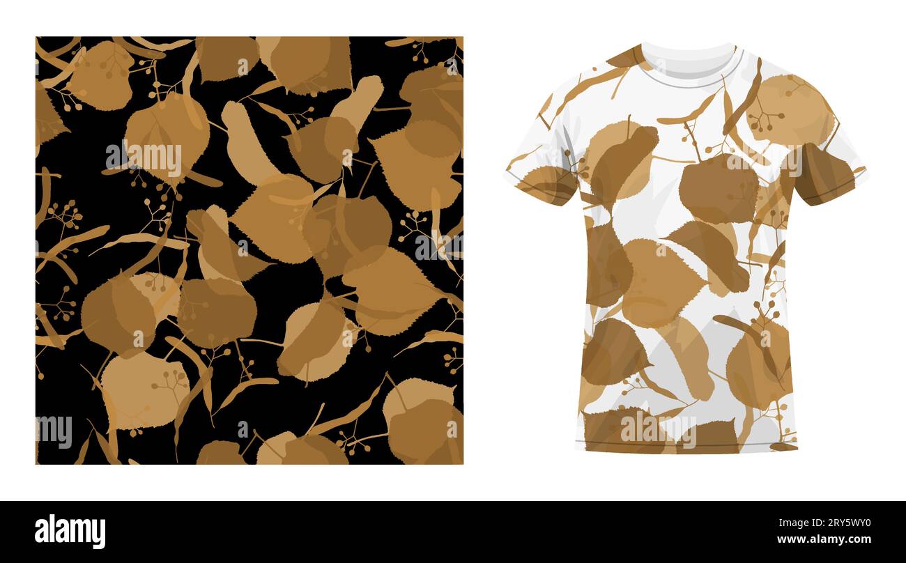 Short sleeved cotton sports t shirt black silhouettes of linden leaves seamless pattern. Autumn fallen leaves of linden. Comfortable summer clothes. V Stock Vector