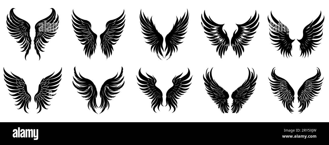 Wings icon. Set of black icons of wings on white background. Wings logo ...