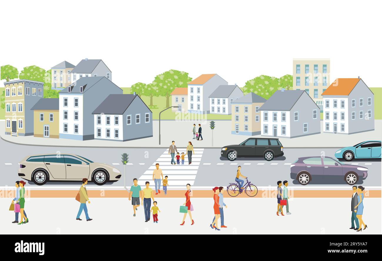 Road traffic with pedestrians  and  crosswalk, illustration Stock Vector