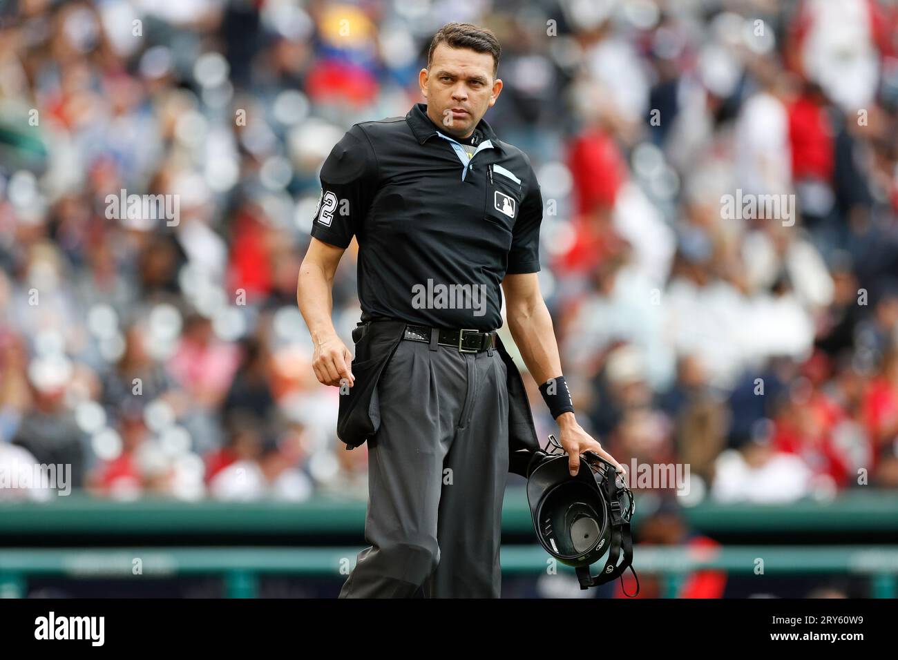 MLB home plate umpire Emil Jimenez looks on during game 1 of a double