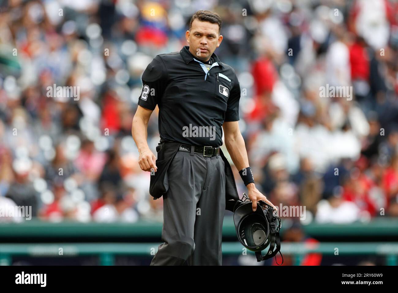 MLB home plate umpire Emil Jimenez looks on during game 1 of a double header in a regular season game between the Atlanta Braves and Washington Nation Stock Photo