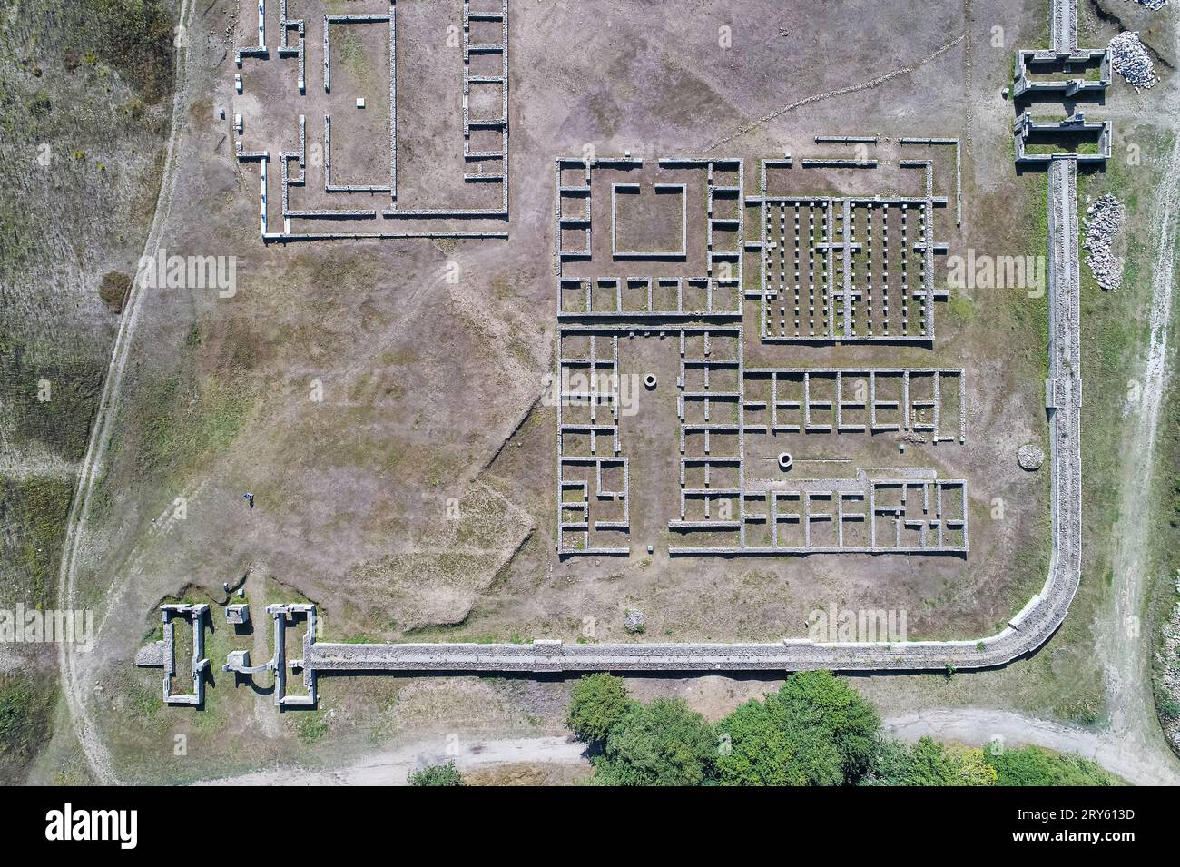 Drone view of Aquis Querquennis Roman Camp. Bande, Ourense. Galicia. Archeological site Stock Photo