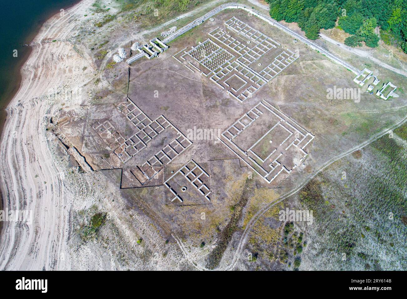 Aerial drone view of Aquis Querquennis Roman Camp. Bande, Ourense. Galicia. Archeological site Stock Photo