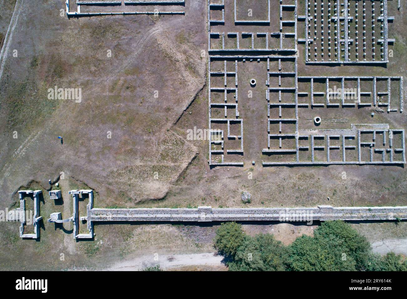 Aerial drone overhead view of Aquis Querquennis Roman camp, Bande, Ourense province, Galicia, Spain. Archeological site Stock Photo