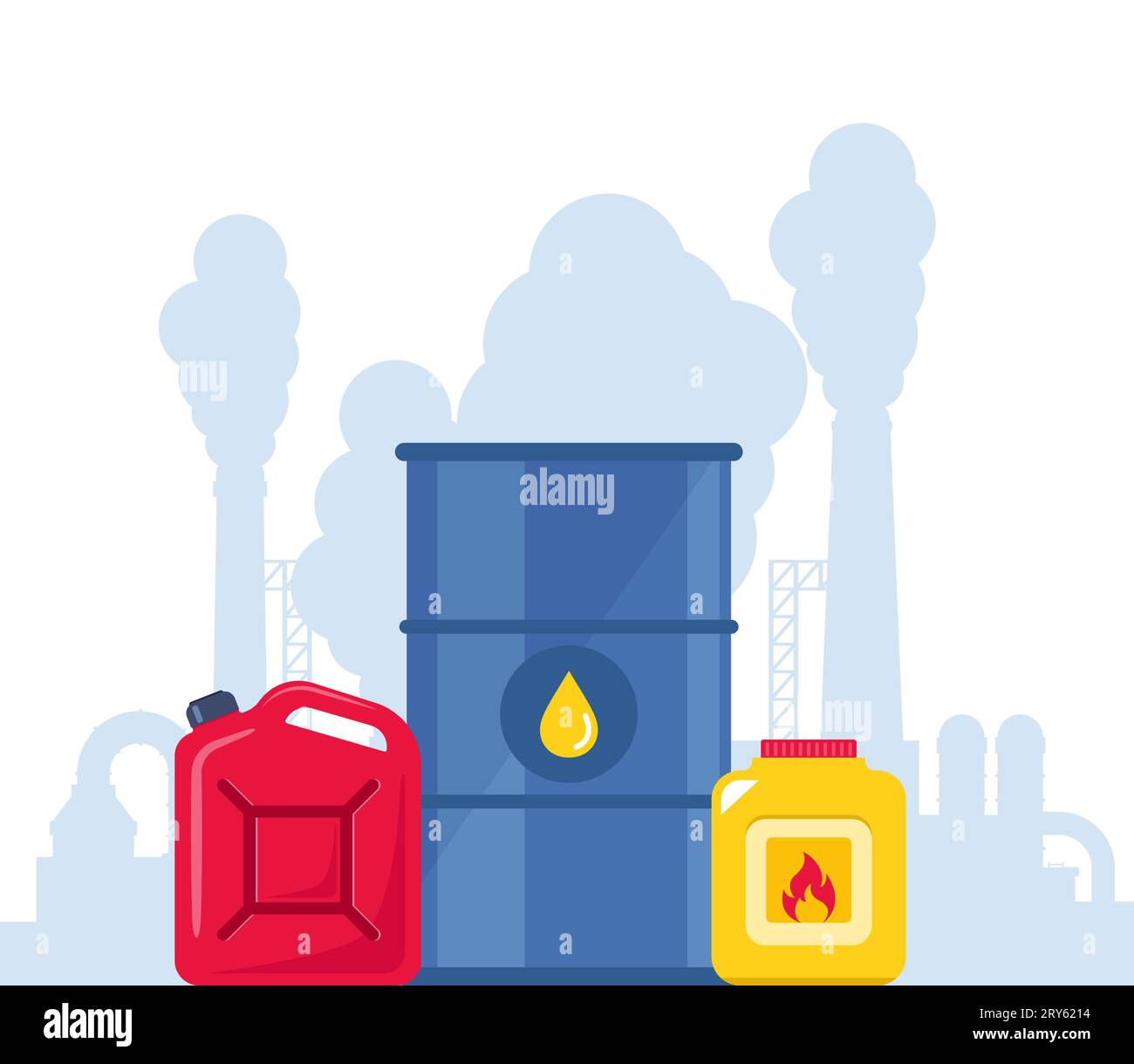 Chemical containers, jerrycan, barrel. Plastic bottle with flammable liquid. Highly polluting