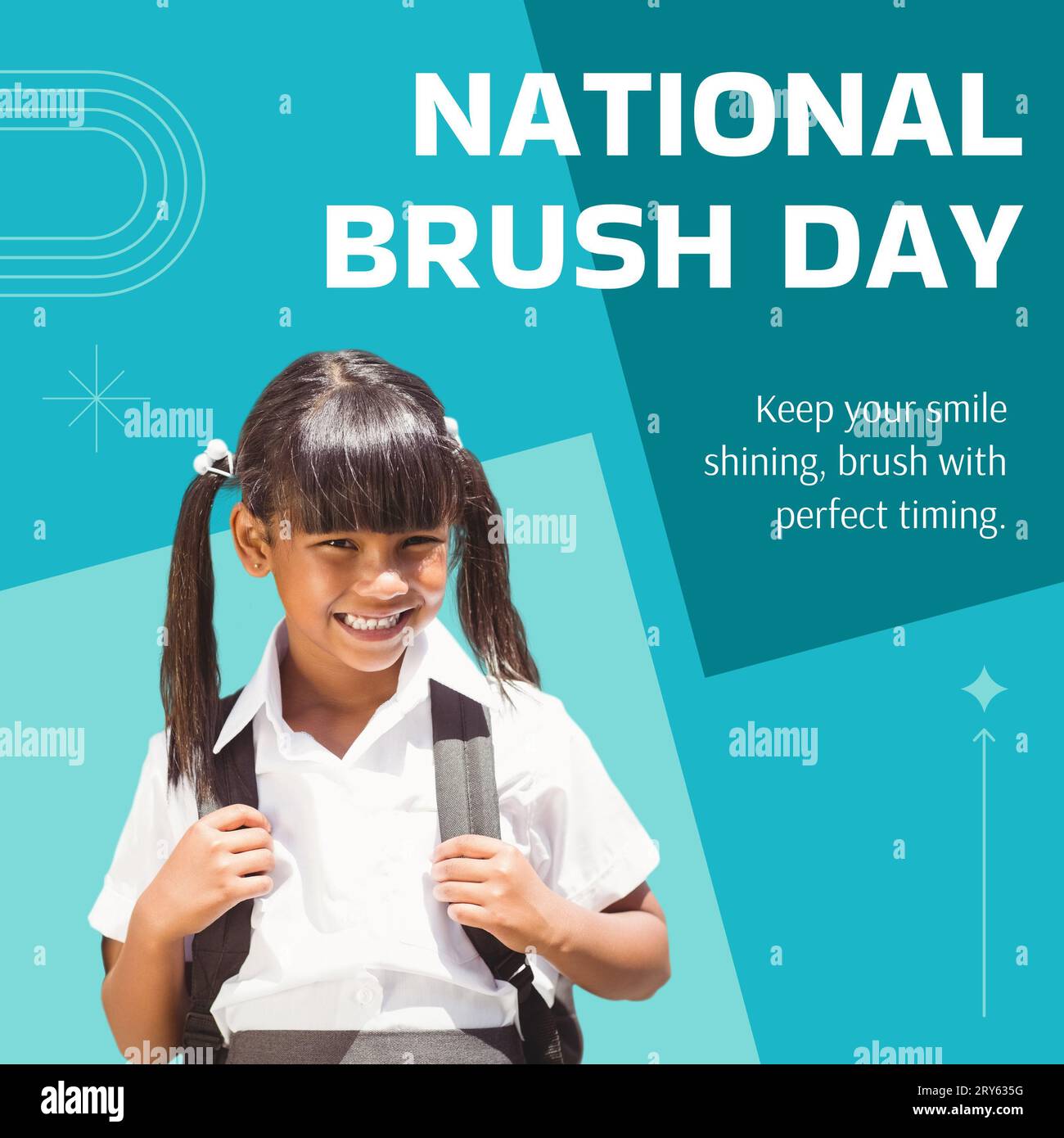 Composite of biracial schoolgirl smiling and national brush day text Stock Photo