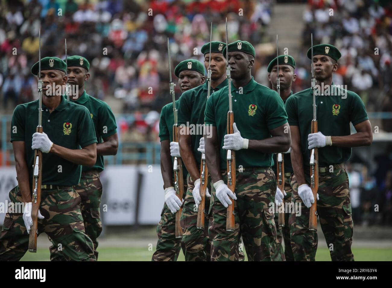 Members of The Tanzania Peoples Defence Force (TPDF) attend the parade during the 60th anniversary of independence day ceremony at the Uhuru Stadium Stock Photo