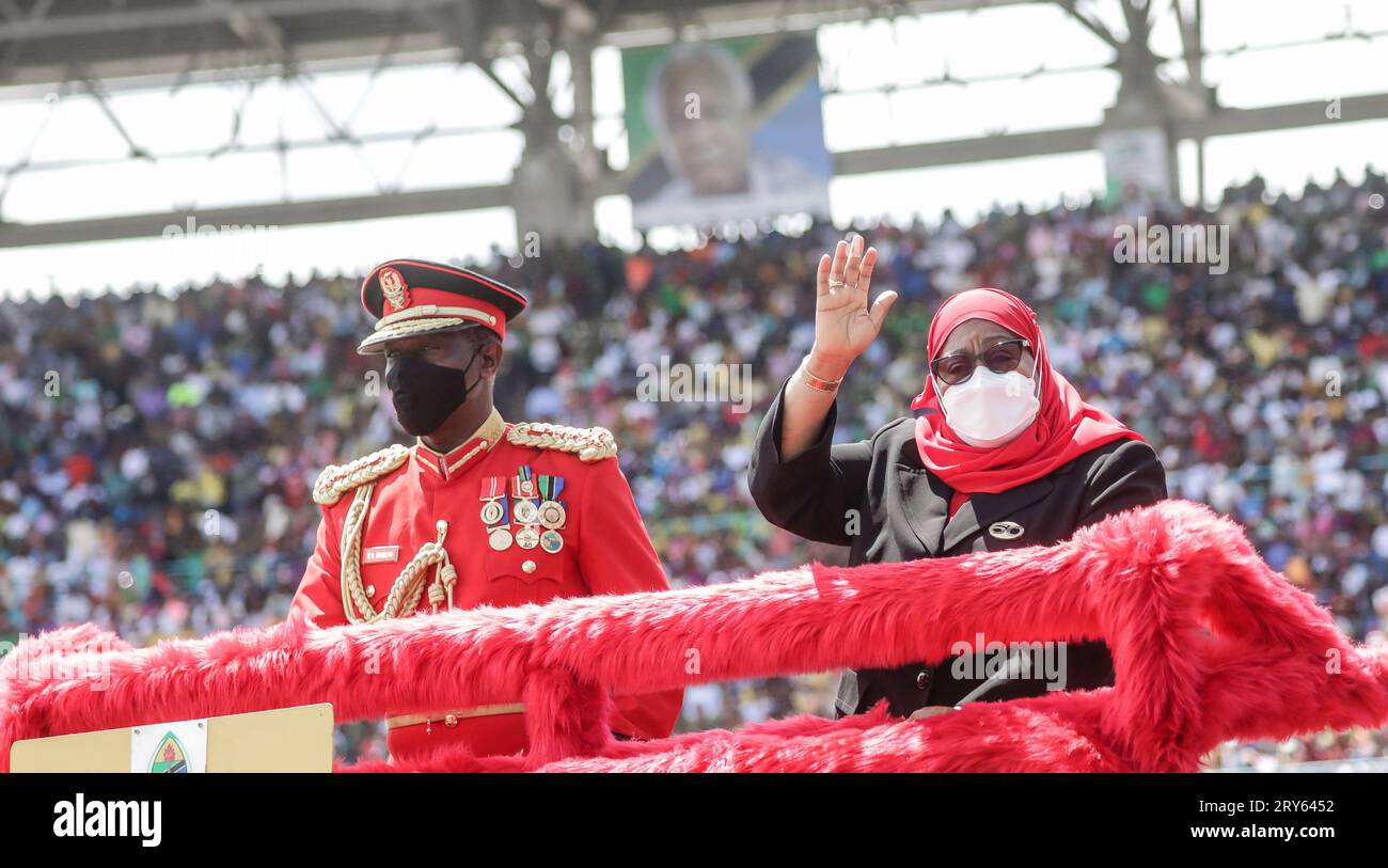 Tanzanian president, Samia Suluhu attends the 60th anniversary of independence day ceremony at the National Stadium in Dar es Salaam Stock Photo