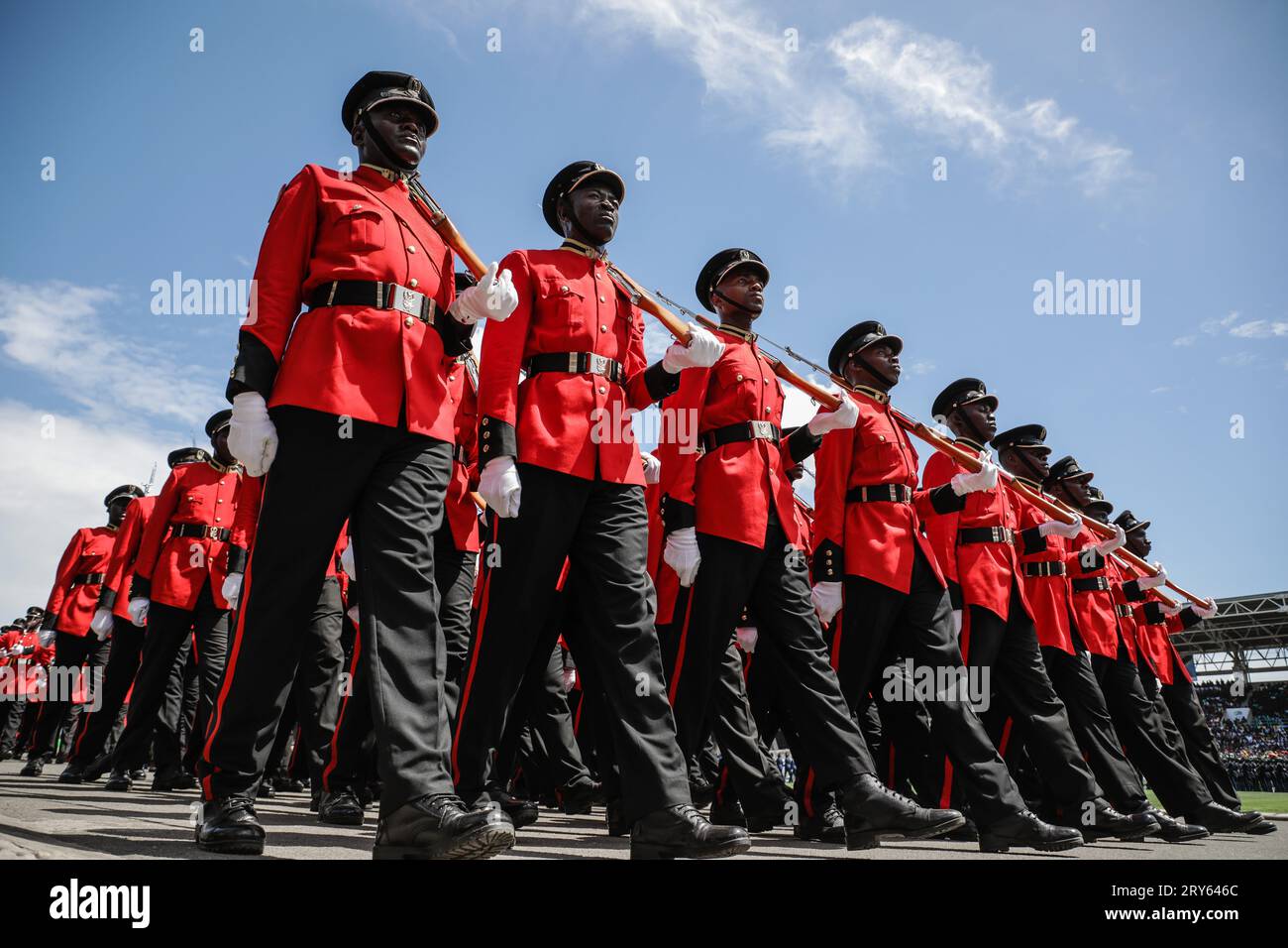 Members of The Tanzania Peoples Defence Force (TPDF) attend the parade during the 60th anniversary of independence day ceremony at the Uhuru Stadium Stock Photo