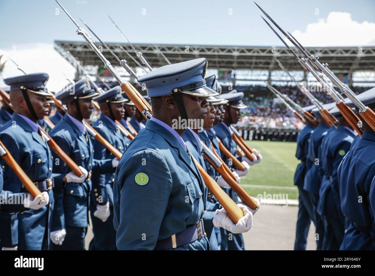 Members of The Tanzania Peoples Defence Force (TPDF) attend the parade during the 60th anniversary of independence day ceremony at the Uhuru Stadium Stock Photo