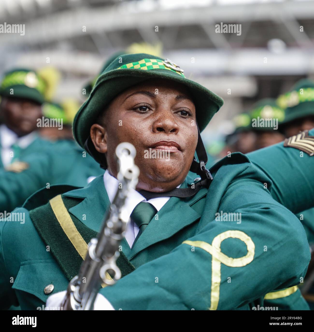 A member of The Tanzania Peoples Defence Force (TPDF) performs during the 60th anniversary of independence day ceremony at the Uhuru Stadium Stock Photo