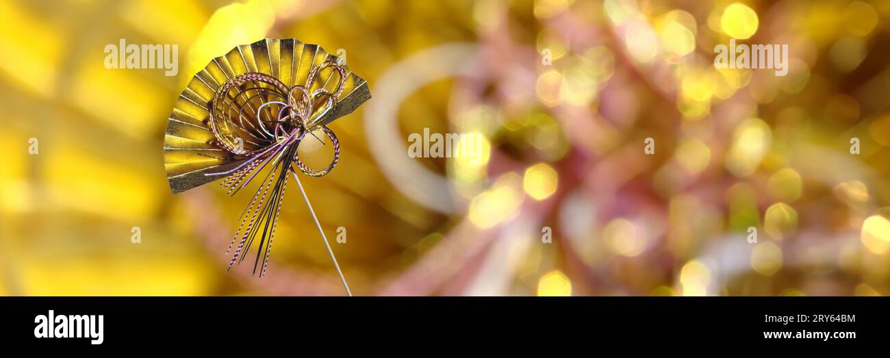 Golden Japanese new year ornament, holiday bokeh lights panoramic