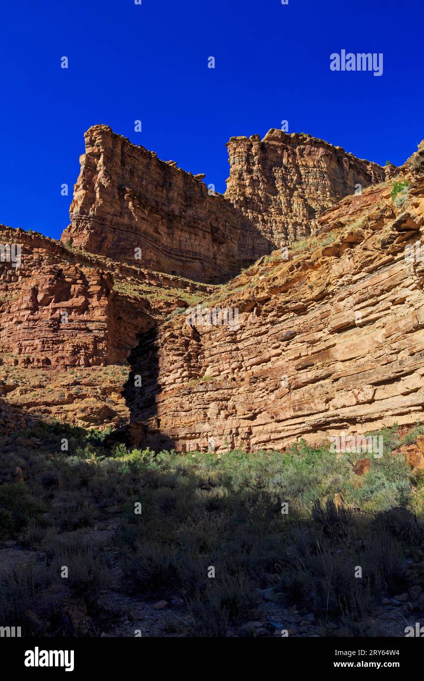 This is a view of the steep angular walls of Daddy Canyon, a side canyon of Nine Mile Canyon east of Price, Carbon County, Utah, USA. Stock Photo