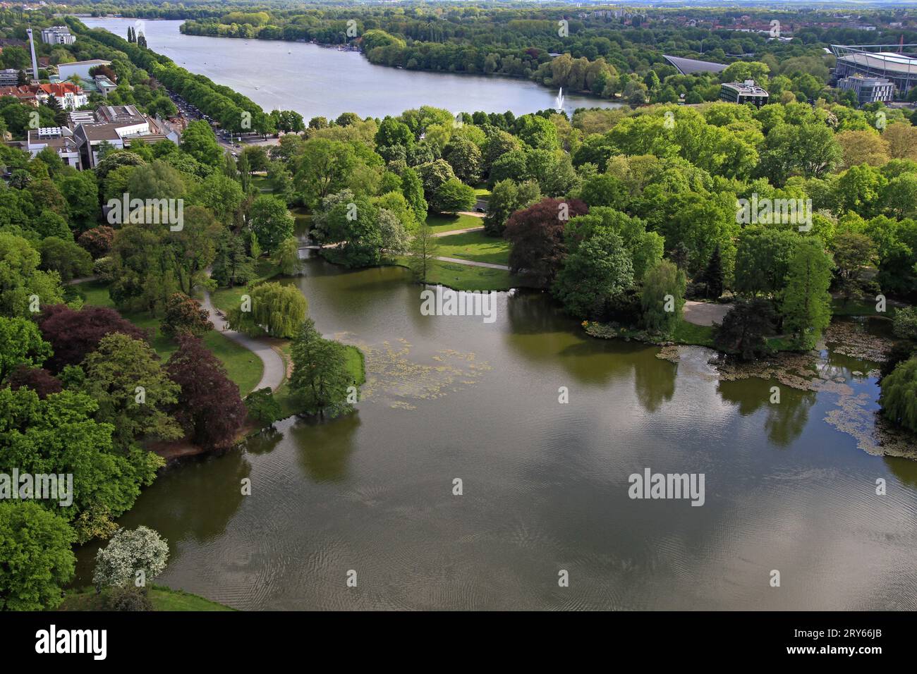 Aerial View of Masch Park Lake Green Nature Oasis in City at Spring Day Hannover Germany Stock Photo