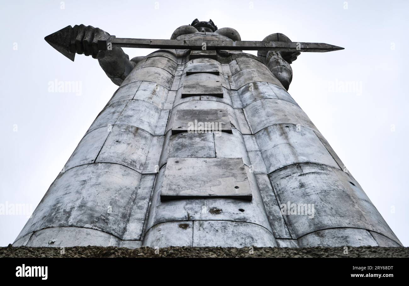 Interesting, graphic, abstract view of the 1958 metal sculpture, the Mother Of Georgia. Moody, scary, unsettling on a cloudy, grey, stormy day. In Tbi Stock Photo