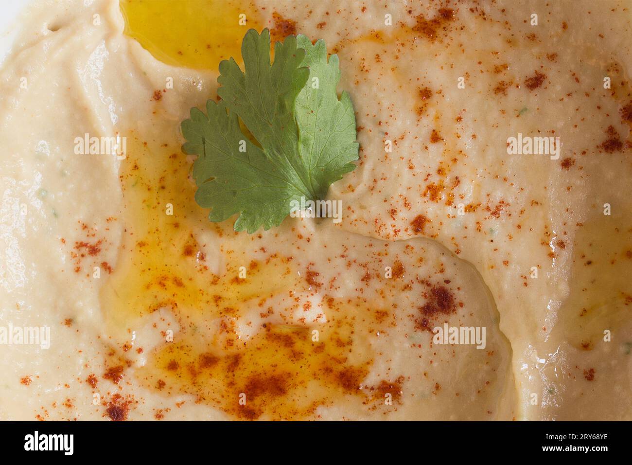 A close-up of a bowl of creamy chickpea hummus, sprinkled with red paprika and drizzled with golden olive oil. A fresh green cilantro leaf adds a touc Stock Photo