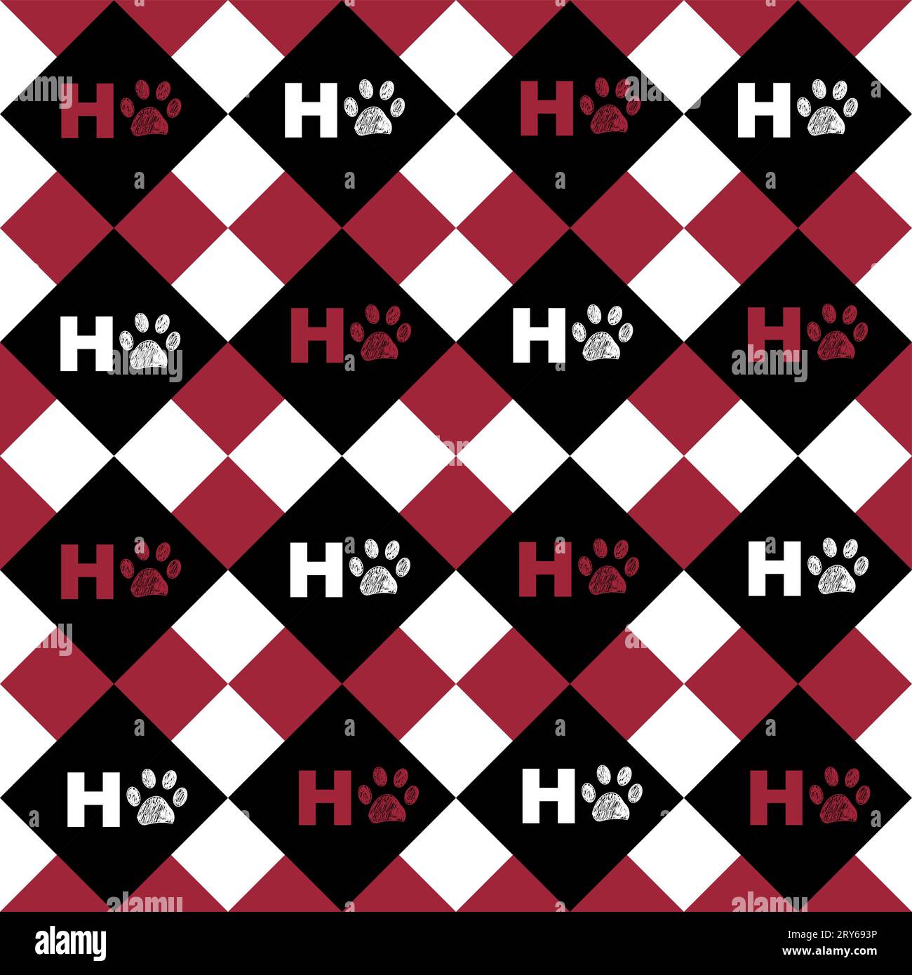 Ho ho ho text with paw prints and check plaid pattern Stock Vector