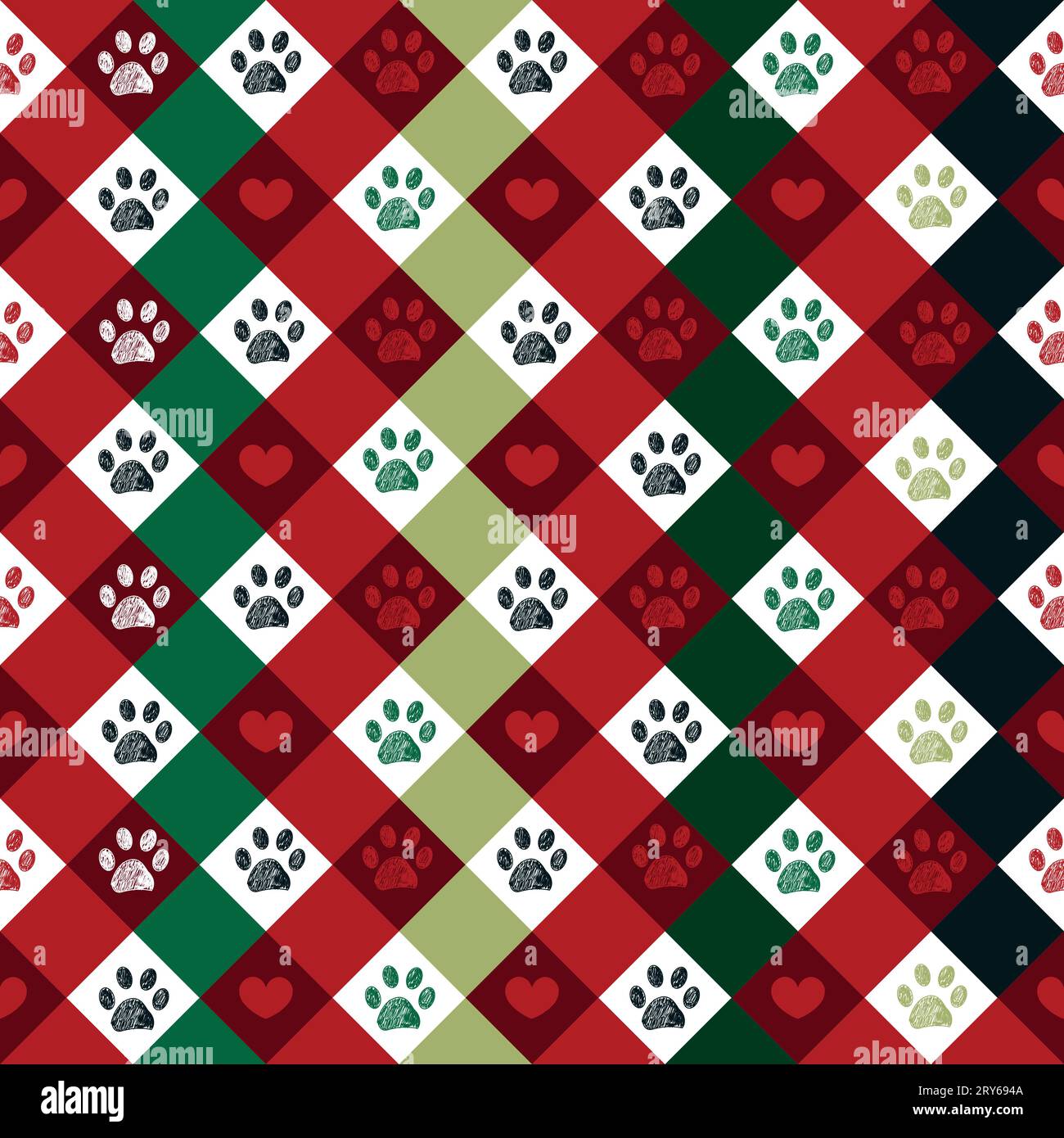 Christmas plaid pattern with paw print Stock Vector