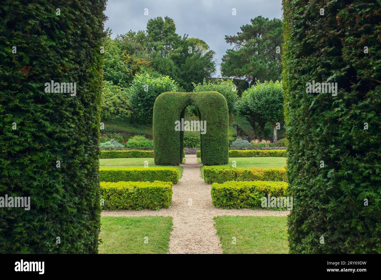 Angers, France, 2023. A topiary as seen from underneath another arched structure in the formal gardens laid out in front of the Governor's lodgings Stock Photo