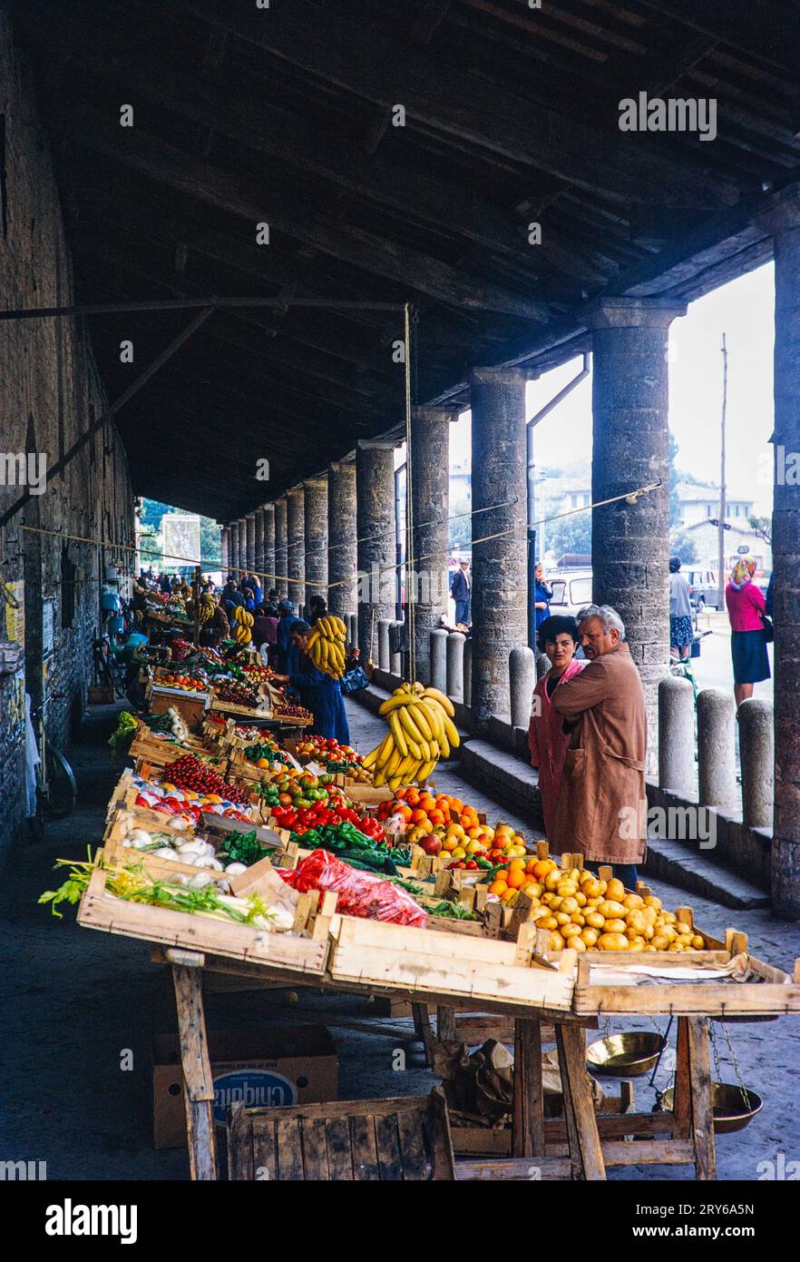 Fruit and vegetables at street market in Gubbio, Umbria, Italy 1969