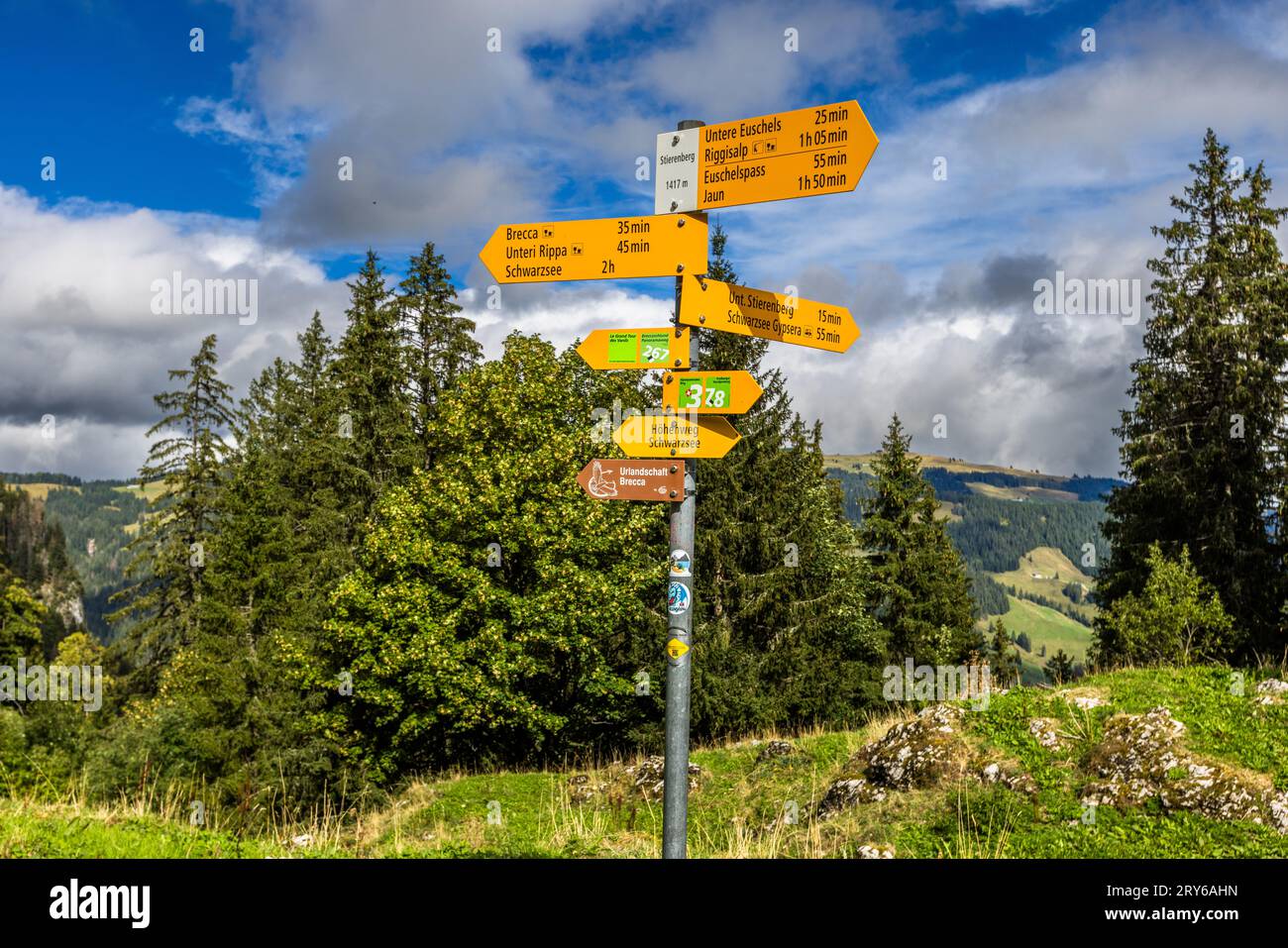 The primeval landscape of Brecca is a varied hiking area. Jaun, Switzerland Stock Photo