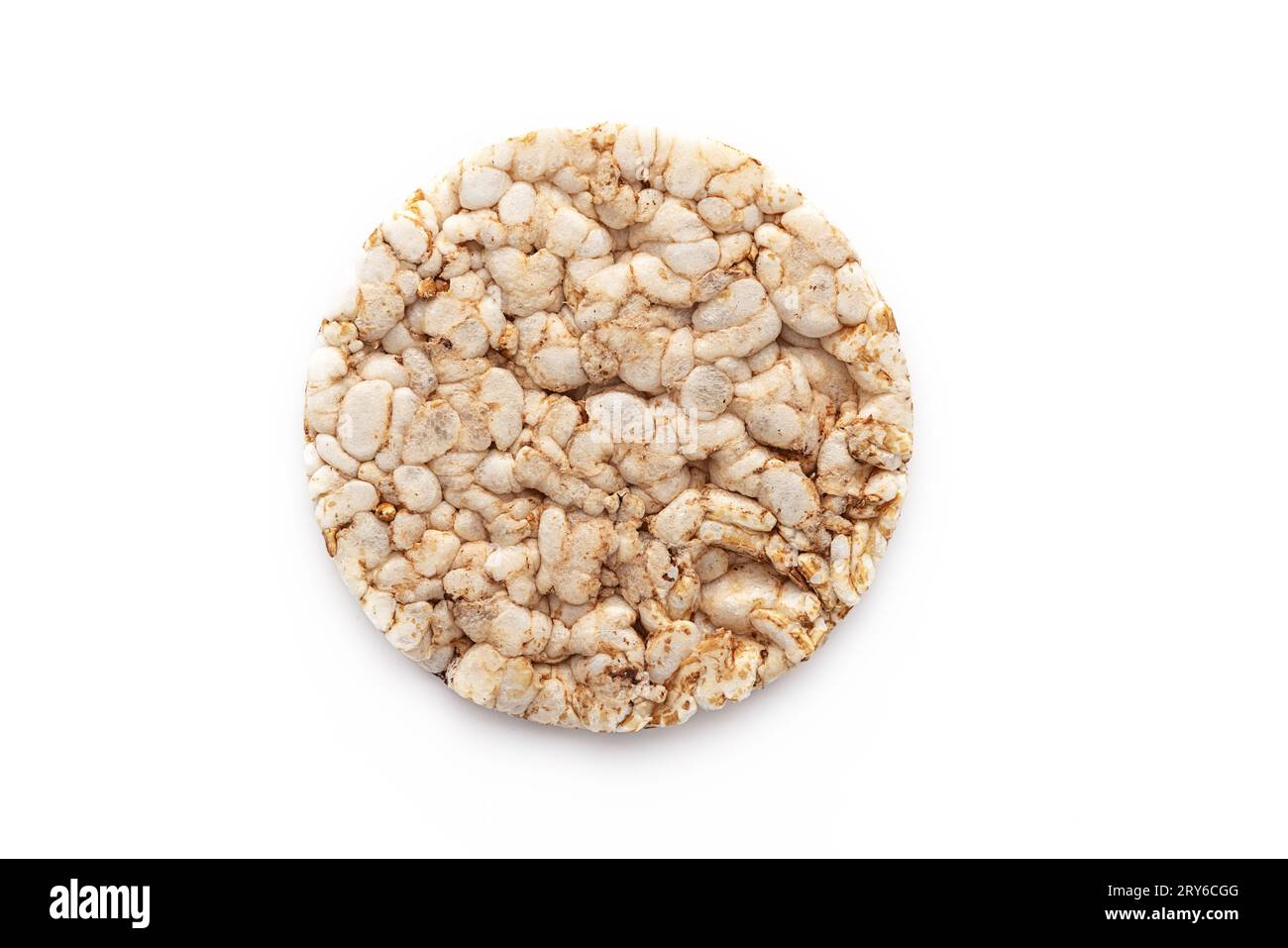 Puffed rice cake chips from above isolated on white background, Healthy