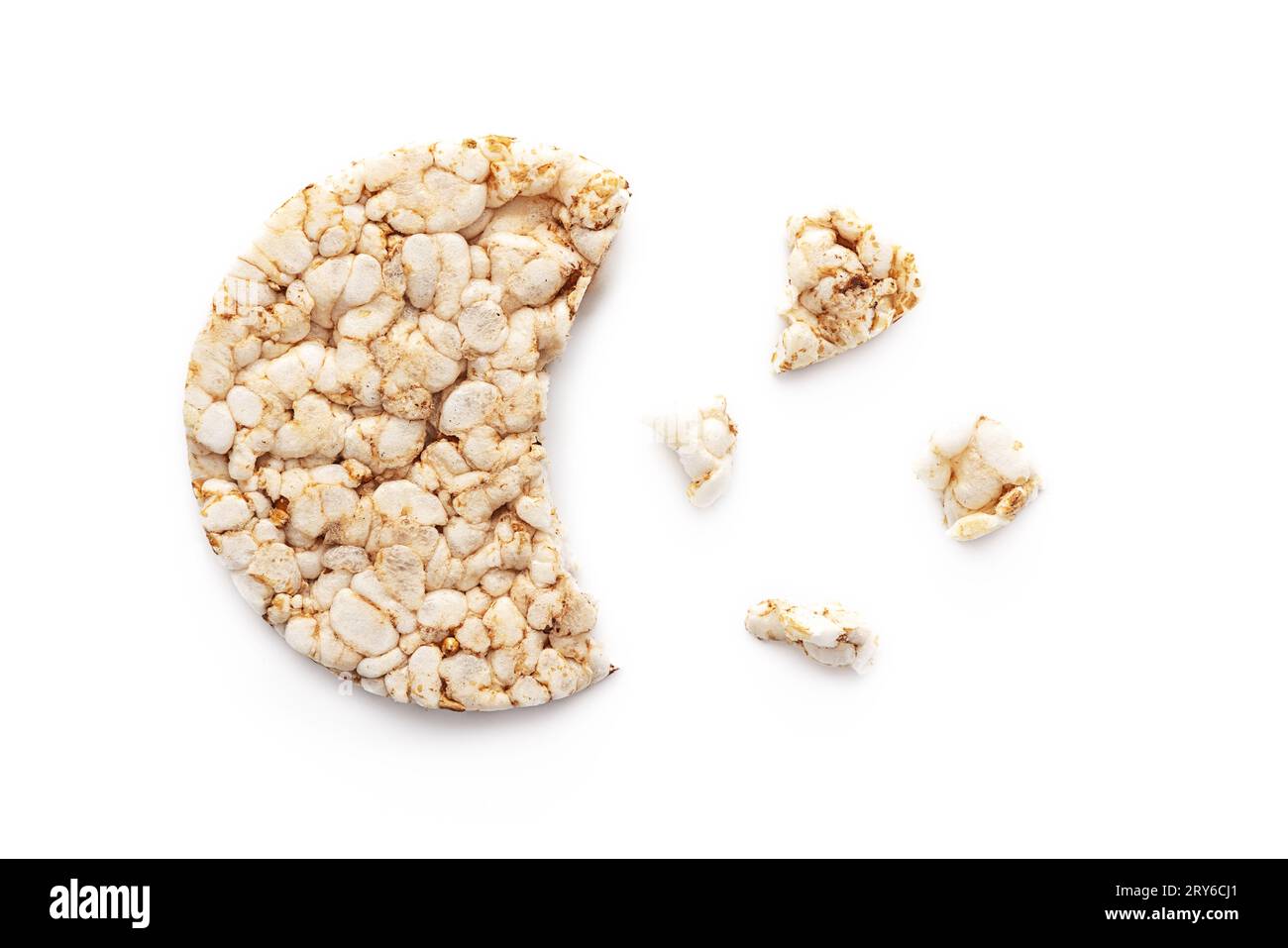 Puffed rice cake chips from above isolated on white background, Healthy