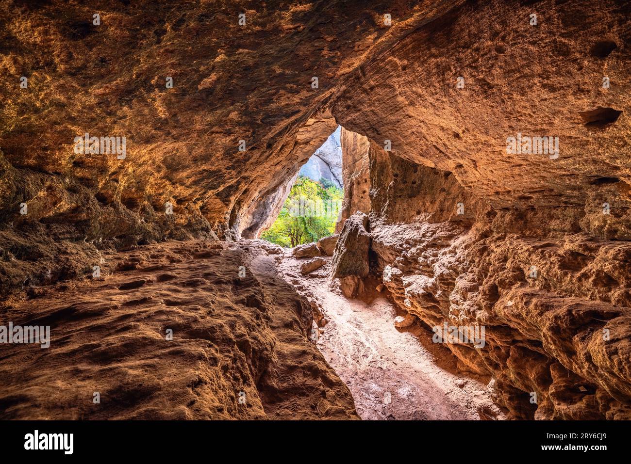 Rocks and cave in Madara, Bulgaria near Madara rider, Madarski Konnik, Bulgarian nature. Stock Photo